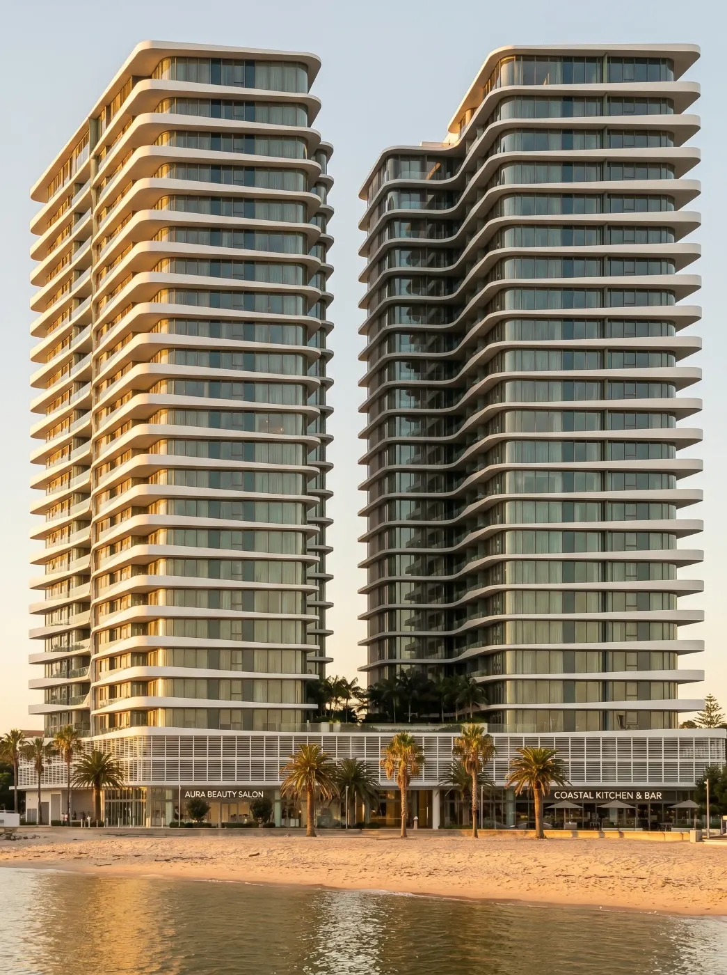 Towers from the beach at golden hour