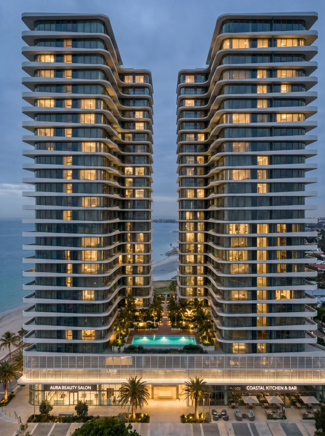Towers at dusk with lit apartments