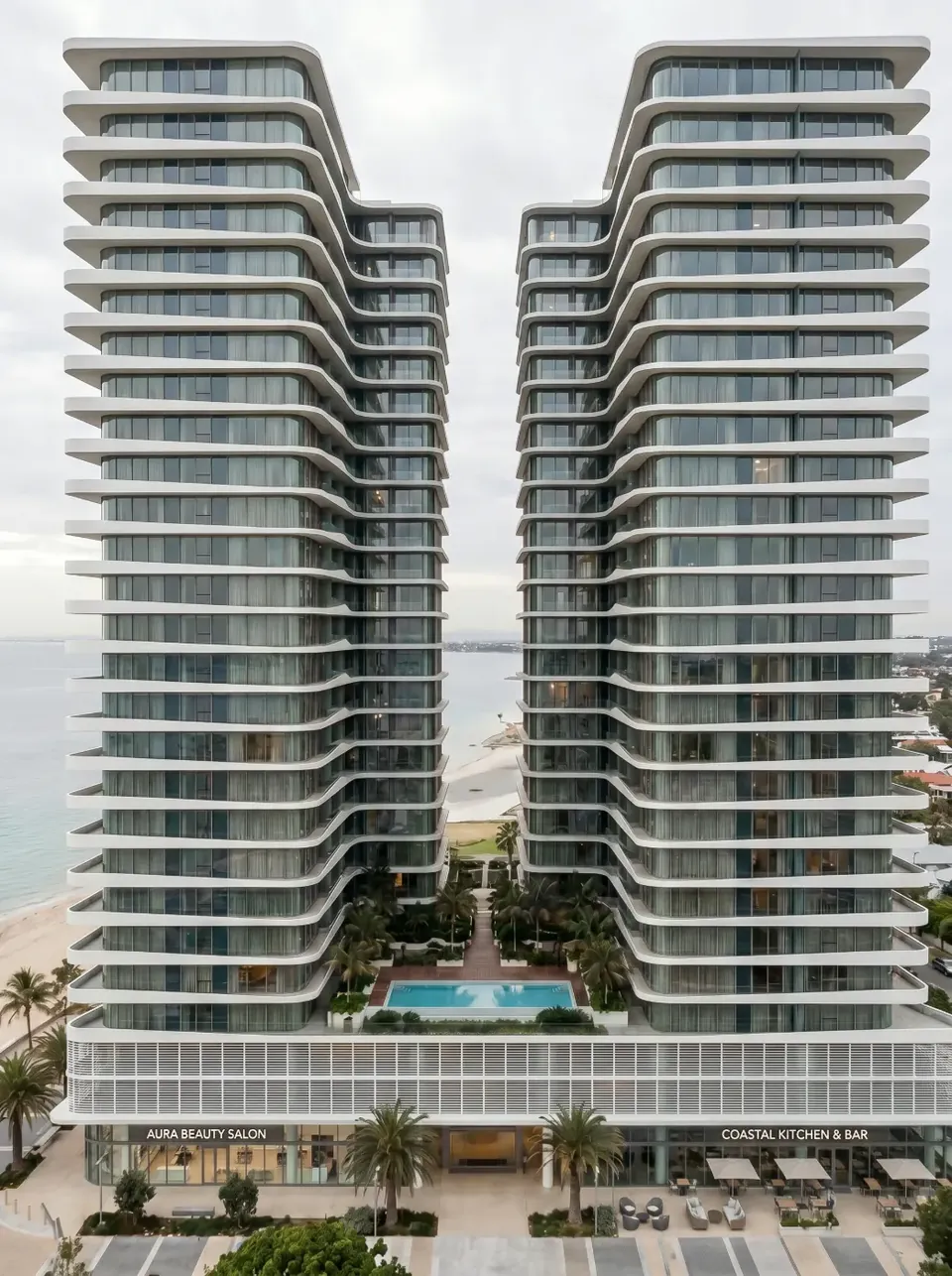 Towers and pool courtyard from the water
