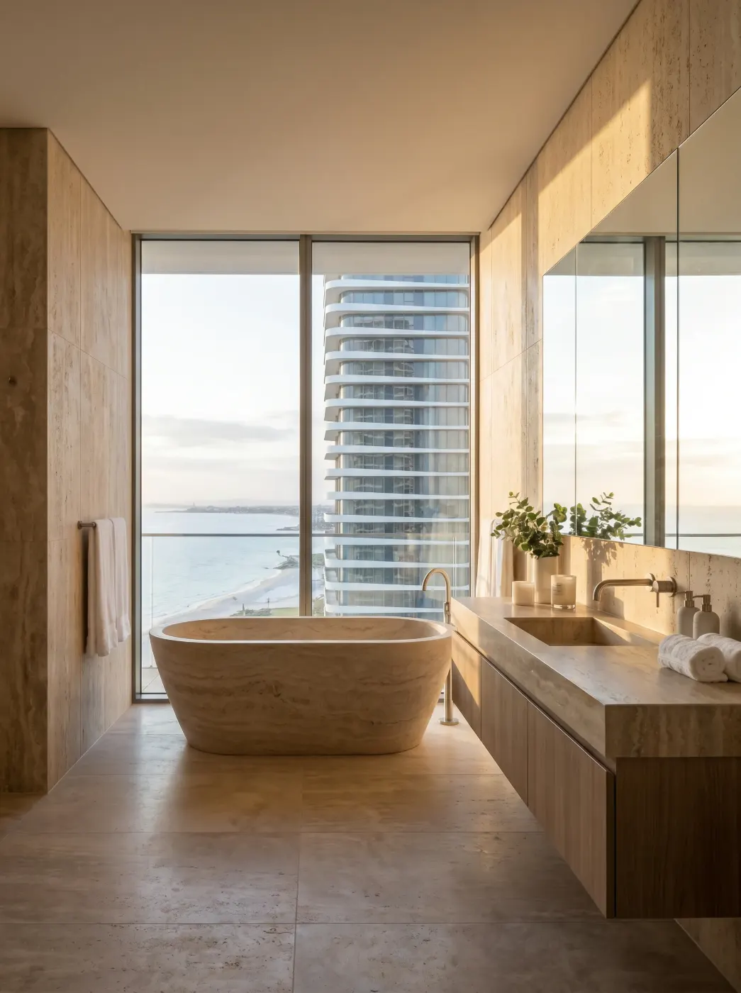 Travertine bathroom with a freestanding tub