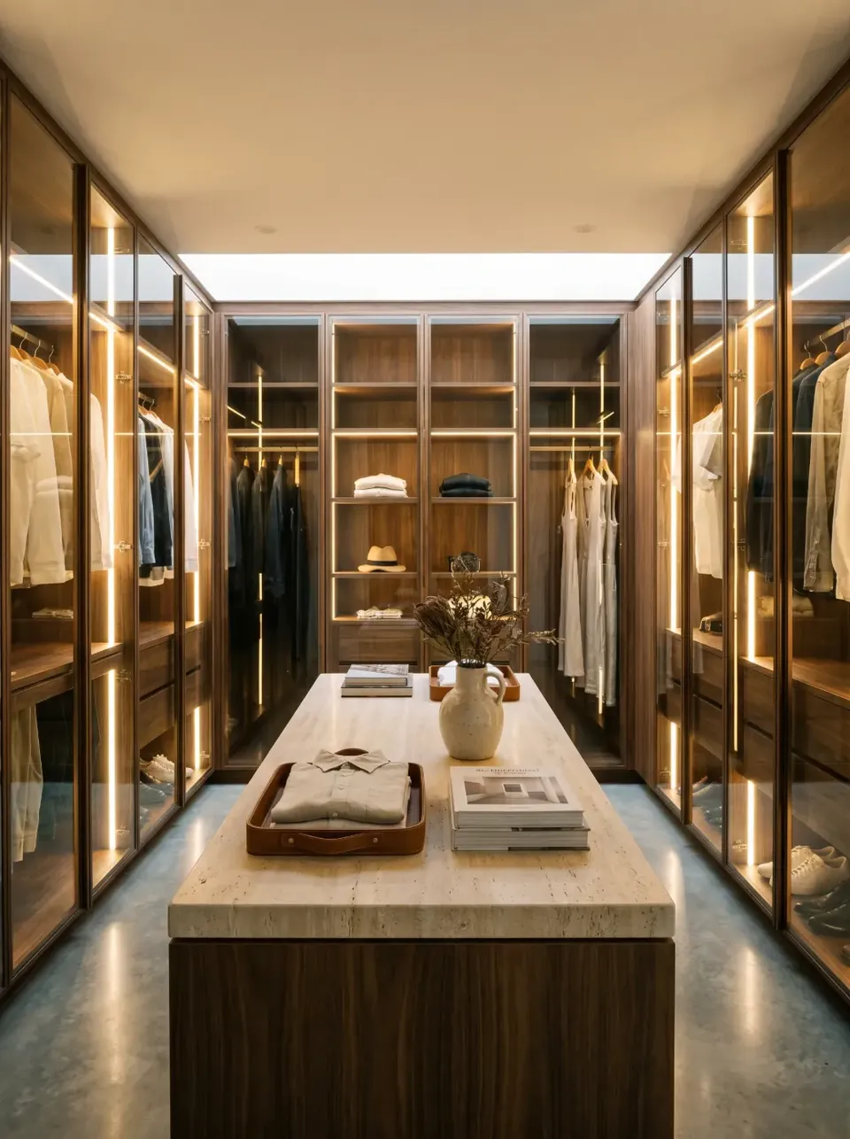 Walk in wardrobe in walnut and travertine