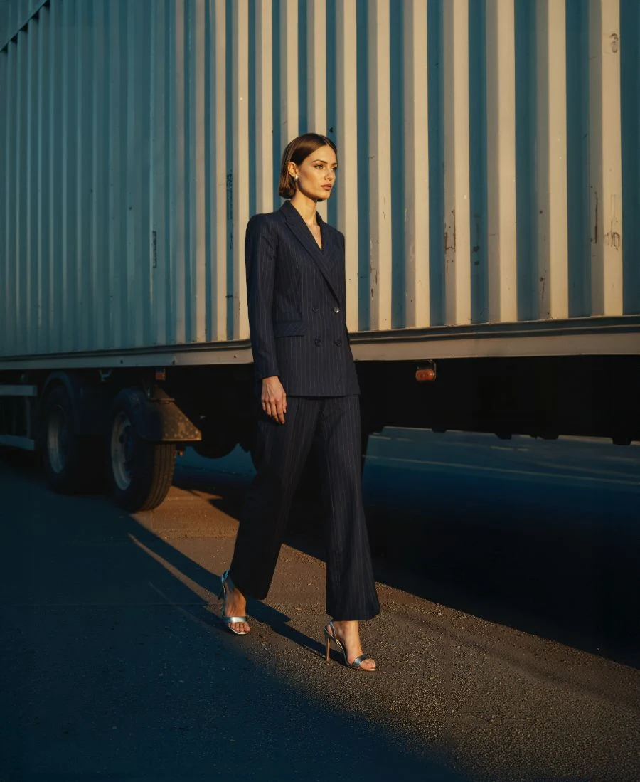 Fabrika female look, navy pinstripe suit