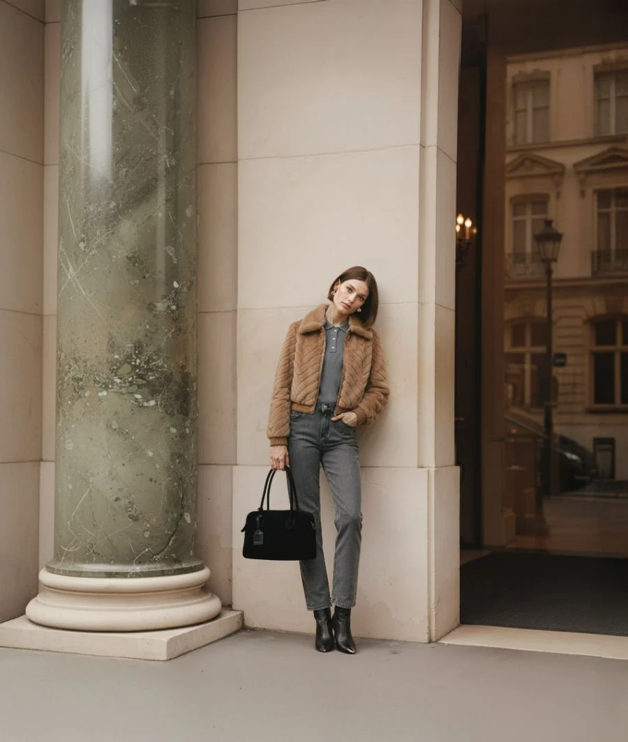 Fabrika female look, teddy jacket and grey denim