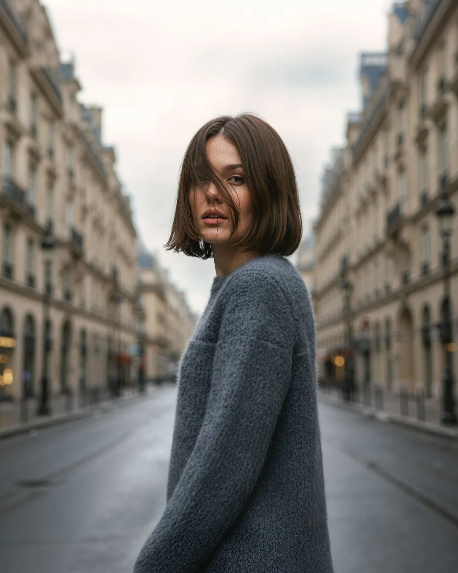 Fabrika female look, grey knit street portrait