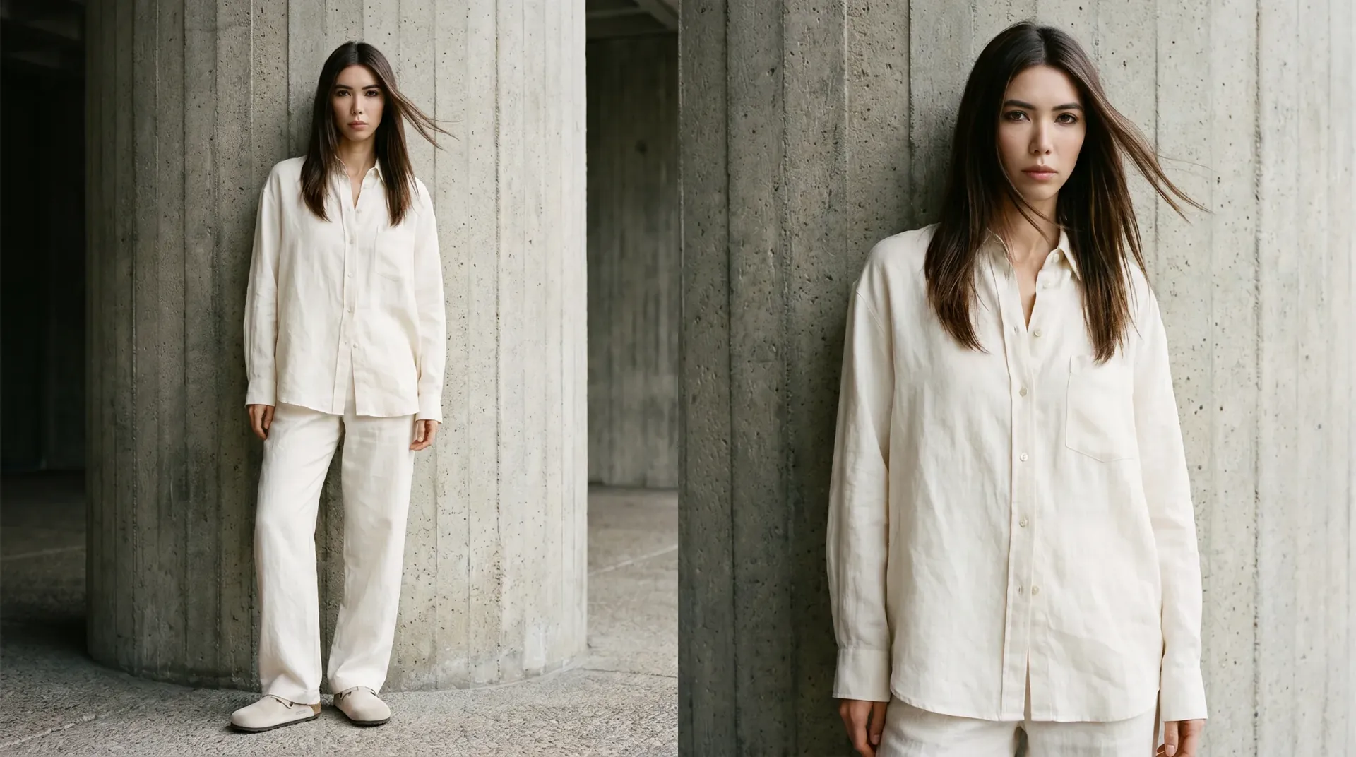 Pera editorial diptych, full-body and tight portrait against concrete