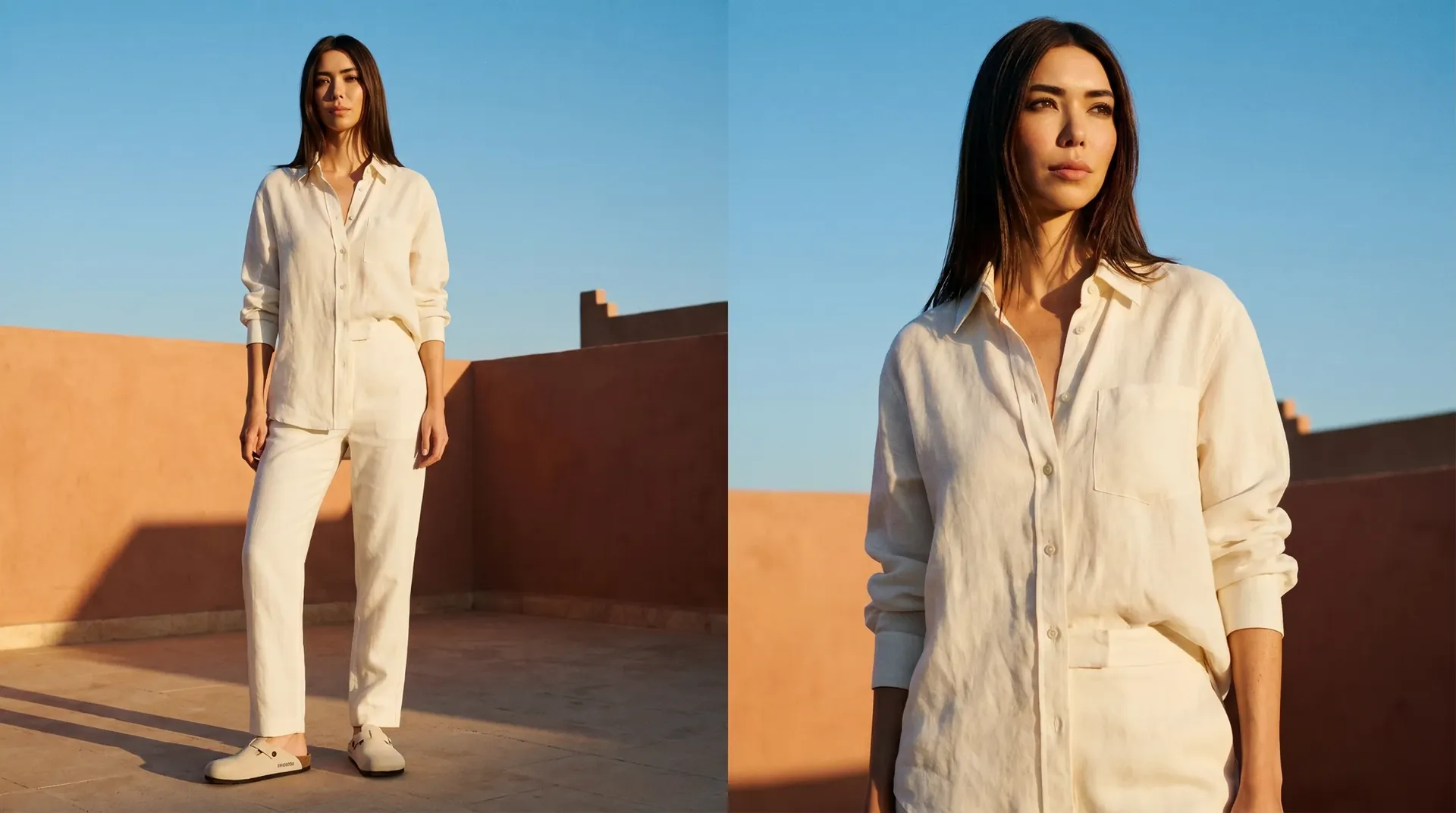Pera in a cream linen shirt and trouser on a terracotta rooftop