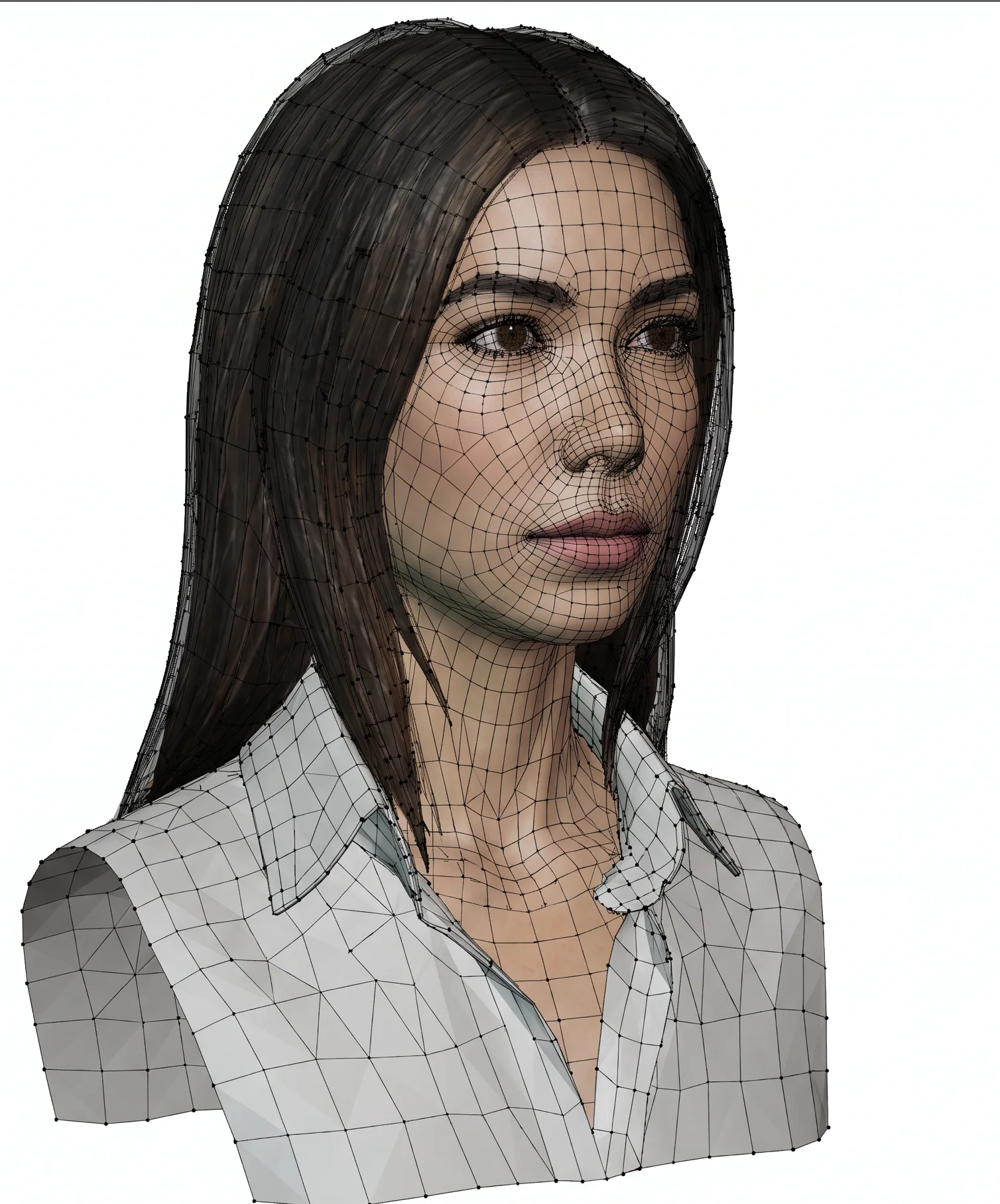 Pera, 3D face topology, wireframe over diffuse pass