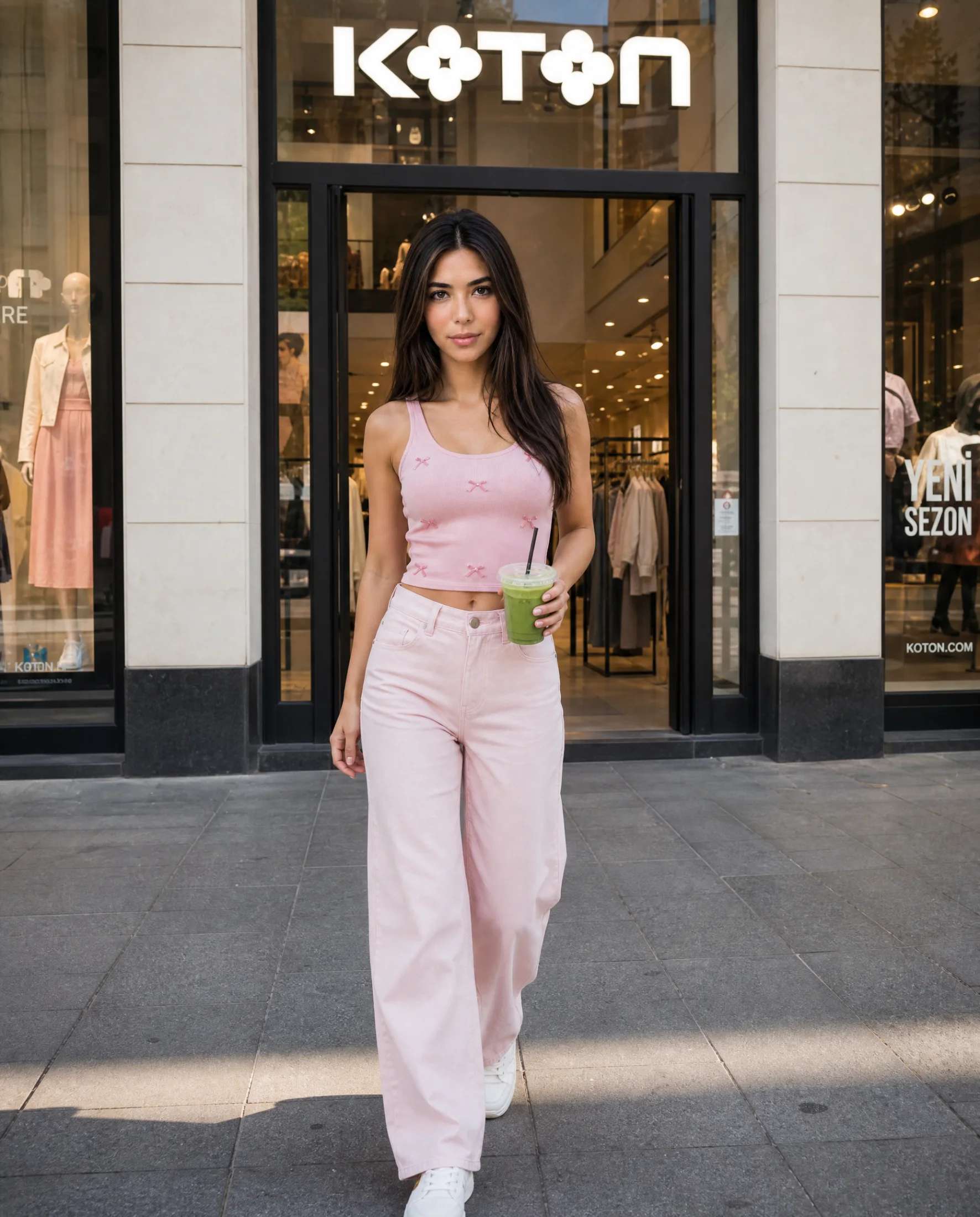 Pera in a pink bow-rib tank and pink wide-leg denim outside a Koton storefront