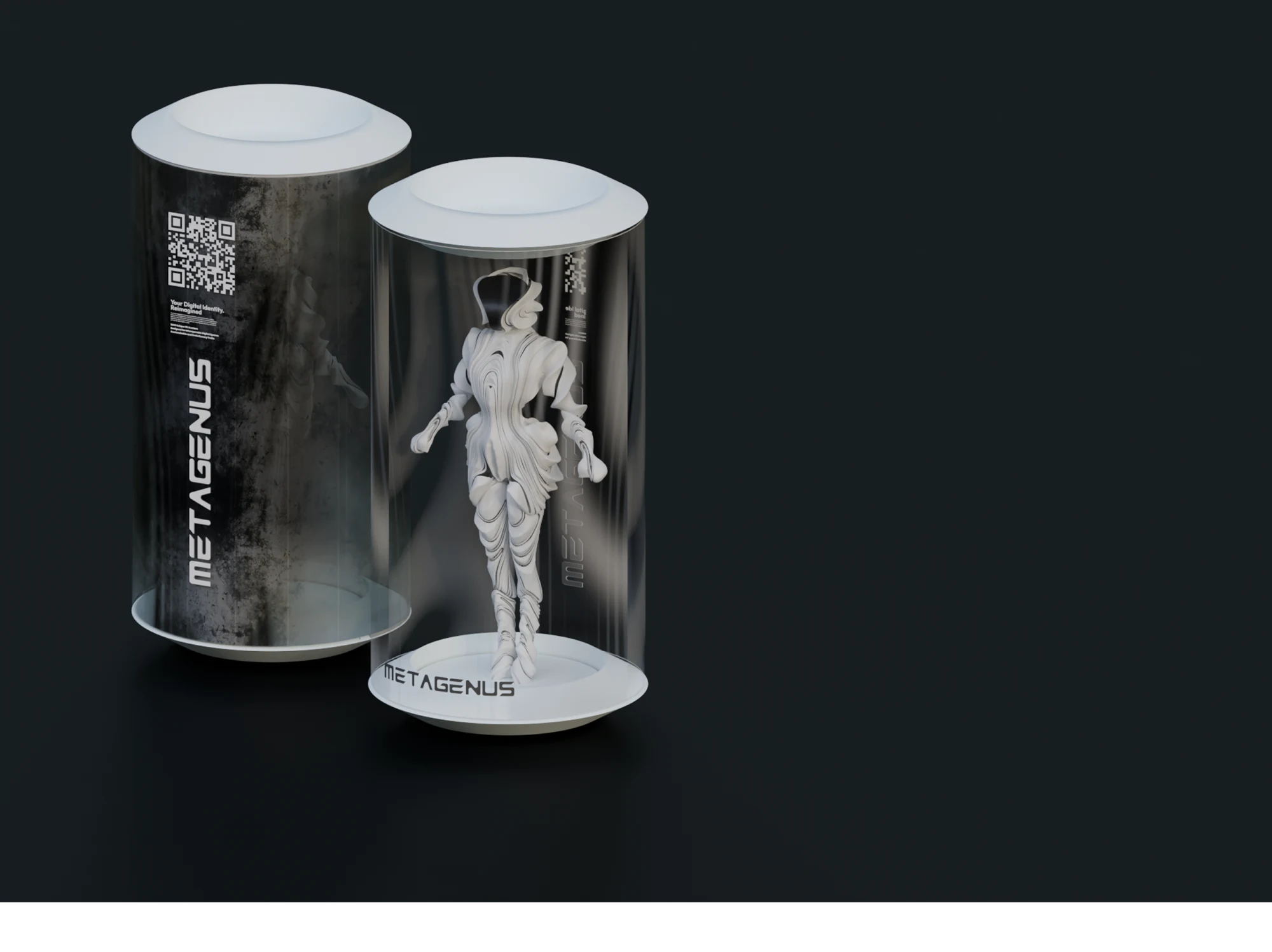 Two Metagenus capsules, one holding a printed figure